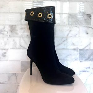 Jimmy Choo Black Suede Heel boots with gold accents